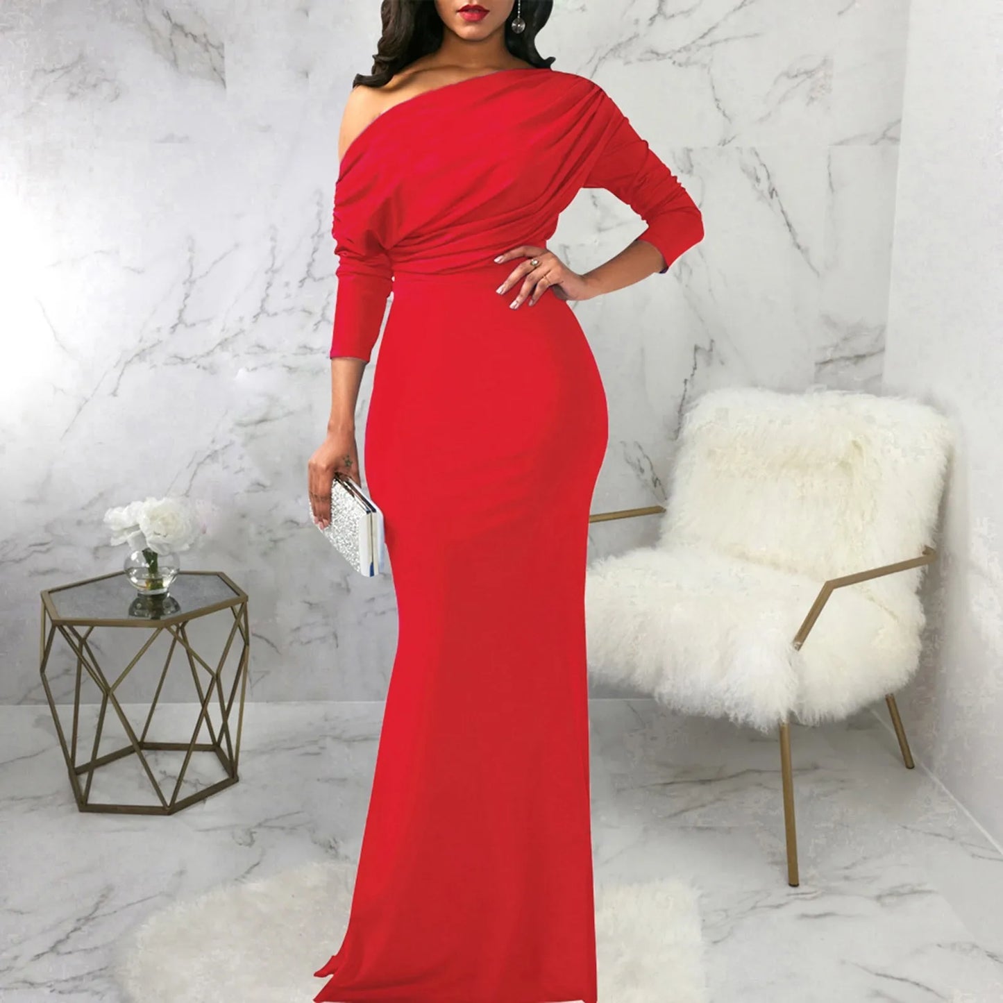 Women’s Evening Gown – Fitted Silhouette – Off-Shoulder – Long Sleeve Draped Satin