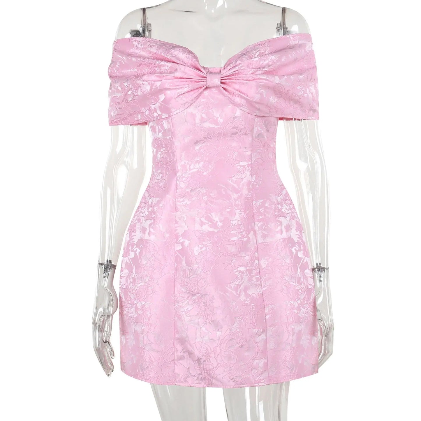 Women’s Mini Dress – Textured Jacquard – A-Line Fit – Off Shoulder – Statement Bow