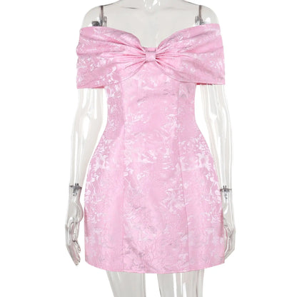 Women’s Mini Dress – Textured Jacquard – A-Line Fit – Off Shoulder – Statement Bow