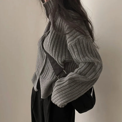 Women’s Knitted Cardigan Top - Ribbed Texture - High Neck - Button Placket - Relaxed Fit - Cropped Length