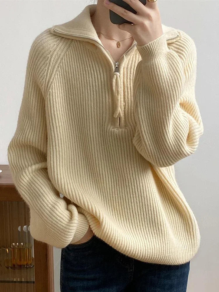 Half-zip ribbed knit sweater for women