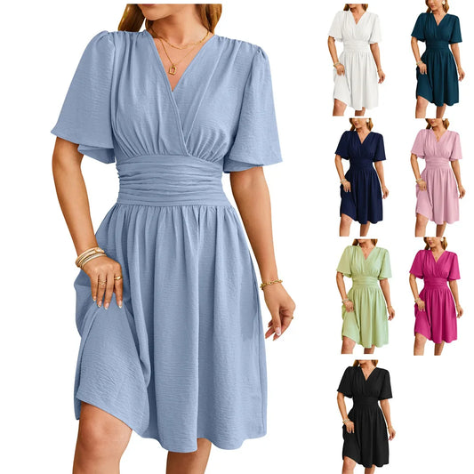 Ruched Waist Flutter Sleeve Wrap Dress