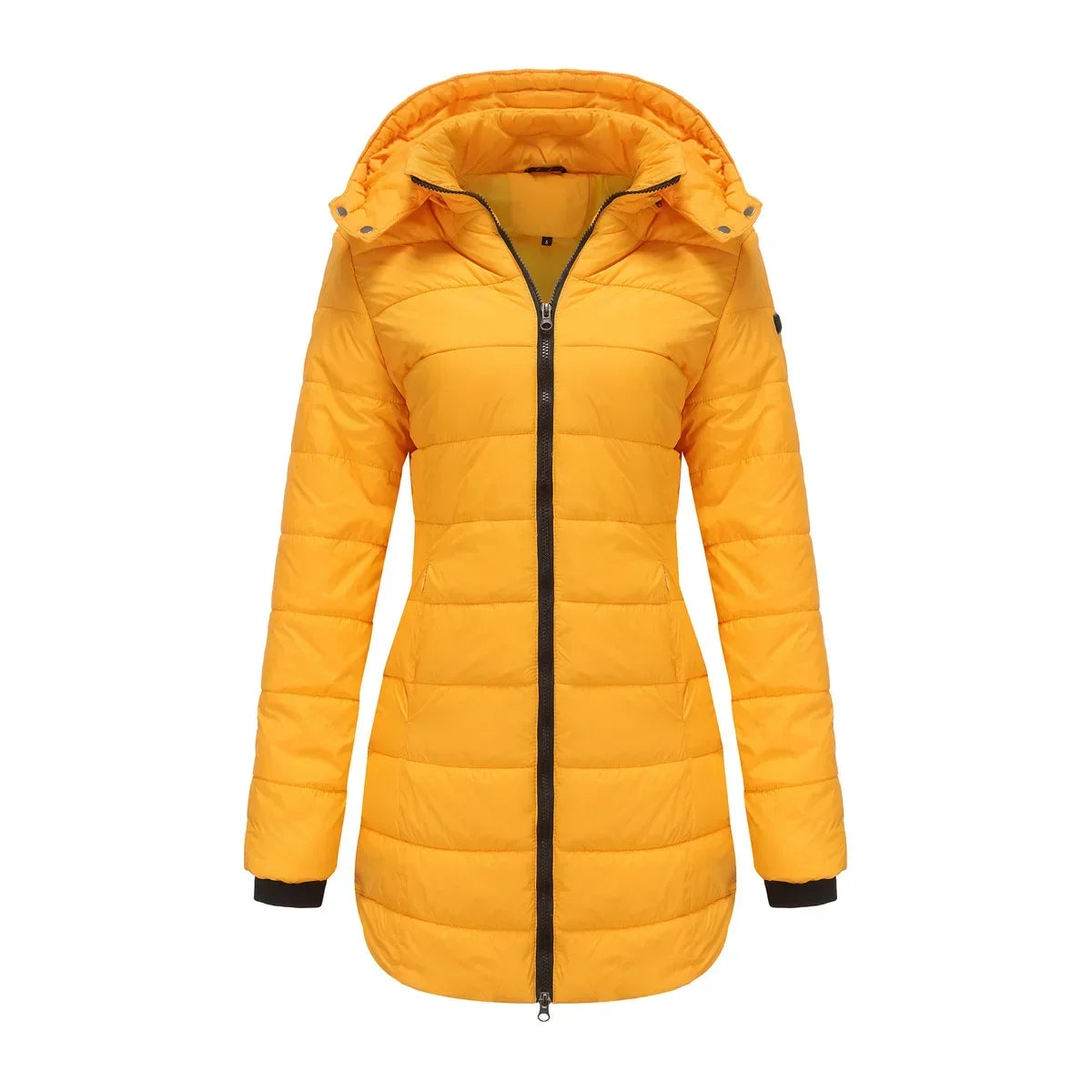 Women's winter puffer jacket with a removable quilted hood