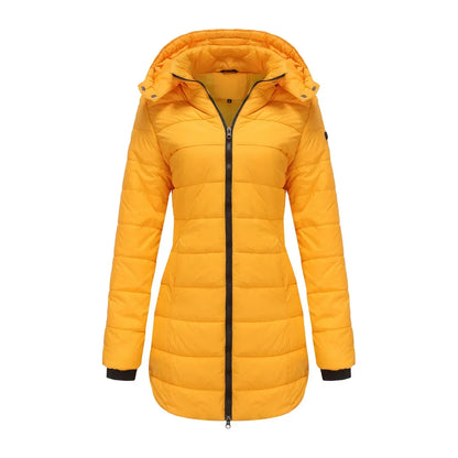 Women's winter puffer jacket with a removable quilted hood