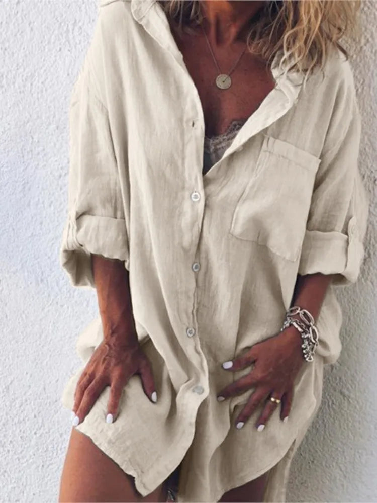 Women's casual summer button pocket long sleeve shirt