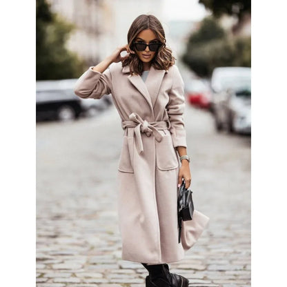 Women's Trench Coat - Long Wrap Style - Wide Lapel Collar - Belted Waist