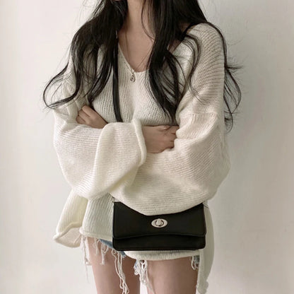 Women's vintage loose v-neck slit rolled edge sweater
