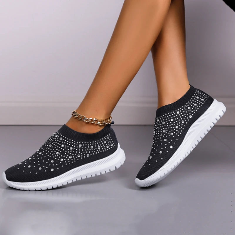 Women's Slip-On Sneakers - Knit Fabric - Rhinestone Embellished - Lightweight Sole