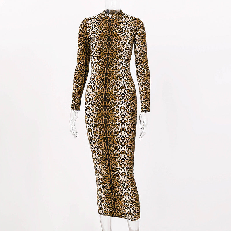 Women's Long Sleeve Animal Print Maxi Dress