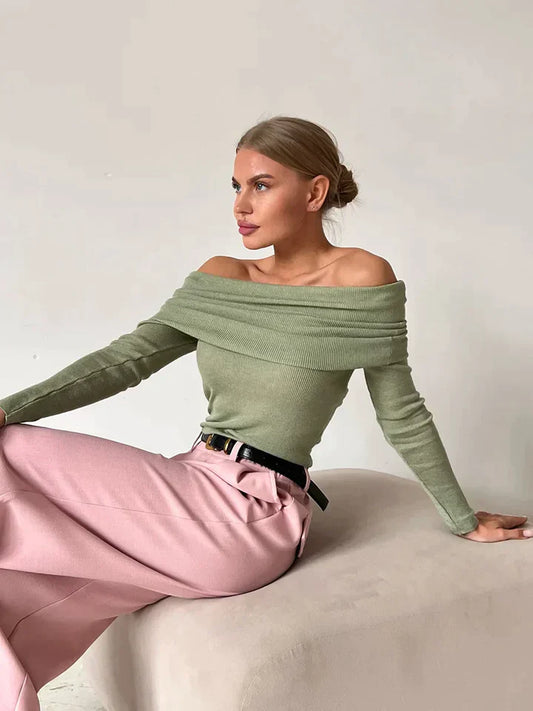 Ribbed Knit Fitted Off-Shoulder Top 