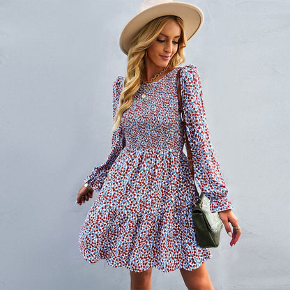 Women's Floral Dress - Long Sleeve Smocked Bodice - Flowy Boho Midi Style