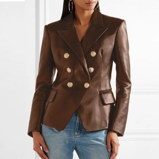 Tailored Double Button Leather Blazer