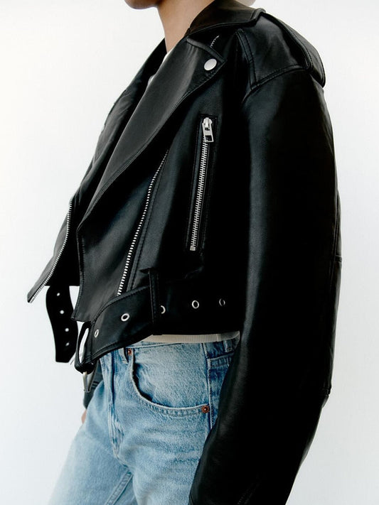 Faux Leather Belted Biker Style Jacket
