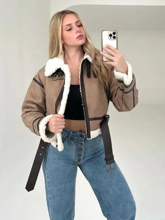 Faux Shearling Winter Belted Long Sleeve Jacket