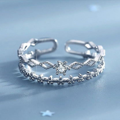 Women's Adjustable Ring - Elegant Wavy Design - Cubic Zirconia Accent - Textured Band