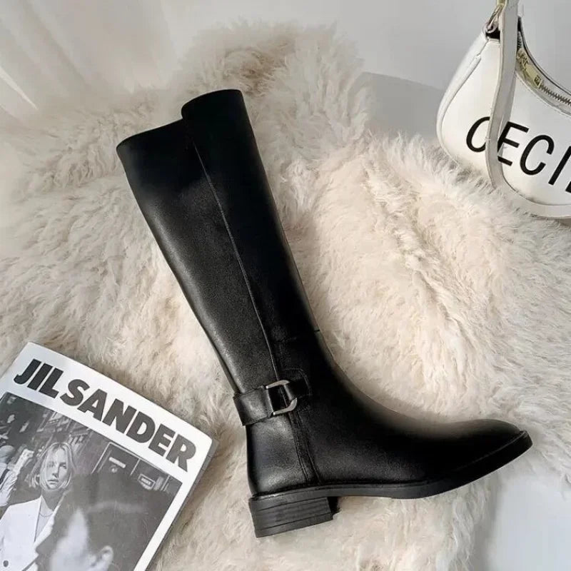 Women's PU leather knee boots with buckle metal details