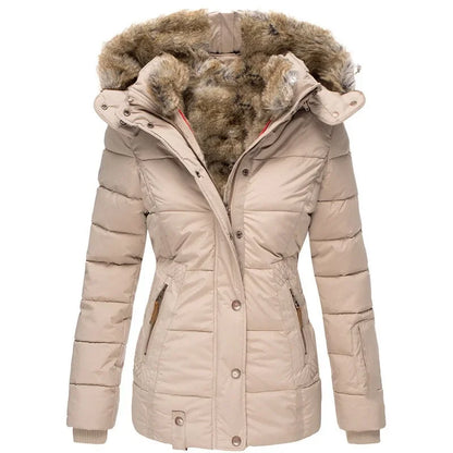 Women's winter hooded coat with zipper and snap buttons