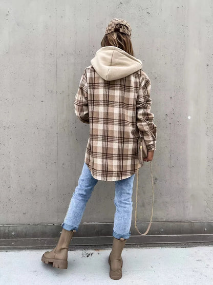 Women's autumn plaid button front jacket with detachable hoodie