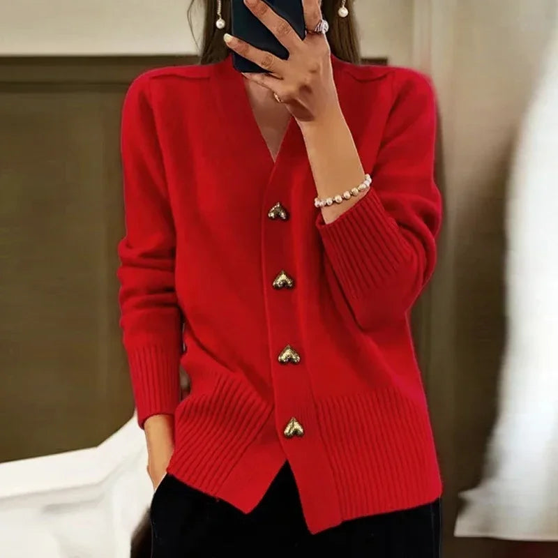 Women's long-sleeved v-neck cardigan sweater with button details