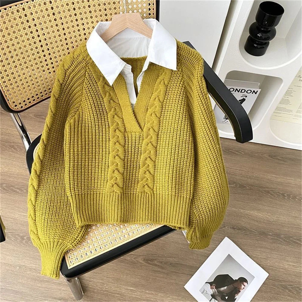 Women’s cable knit sweater with V-neck and layered collar