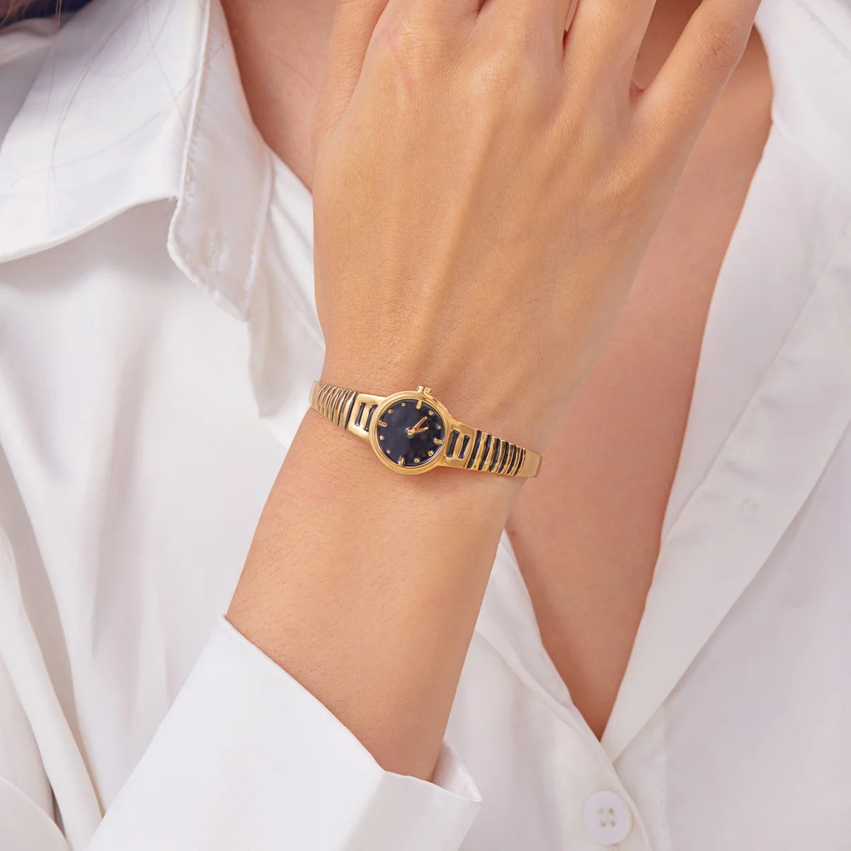 Thea Slip-On Bangle Bracelet | Wristwatch Design Ribbed Band Bangle Bracelet