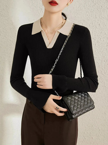 Elegant v-neck ribbed sweater with contrast collar for women