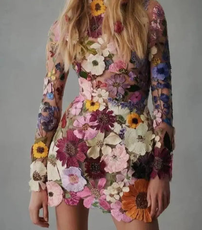 Women's Mini Dress - Sheer Mesh Overlay - 3D Floral Embroidery - Long Sleeve High Neck