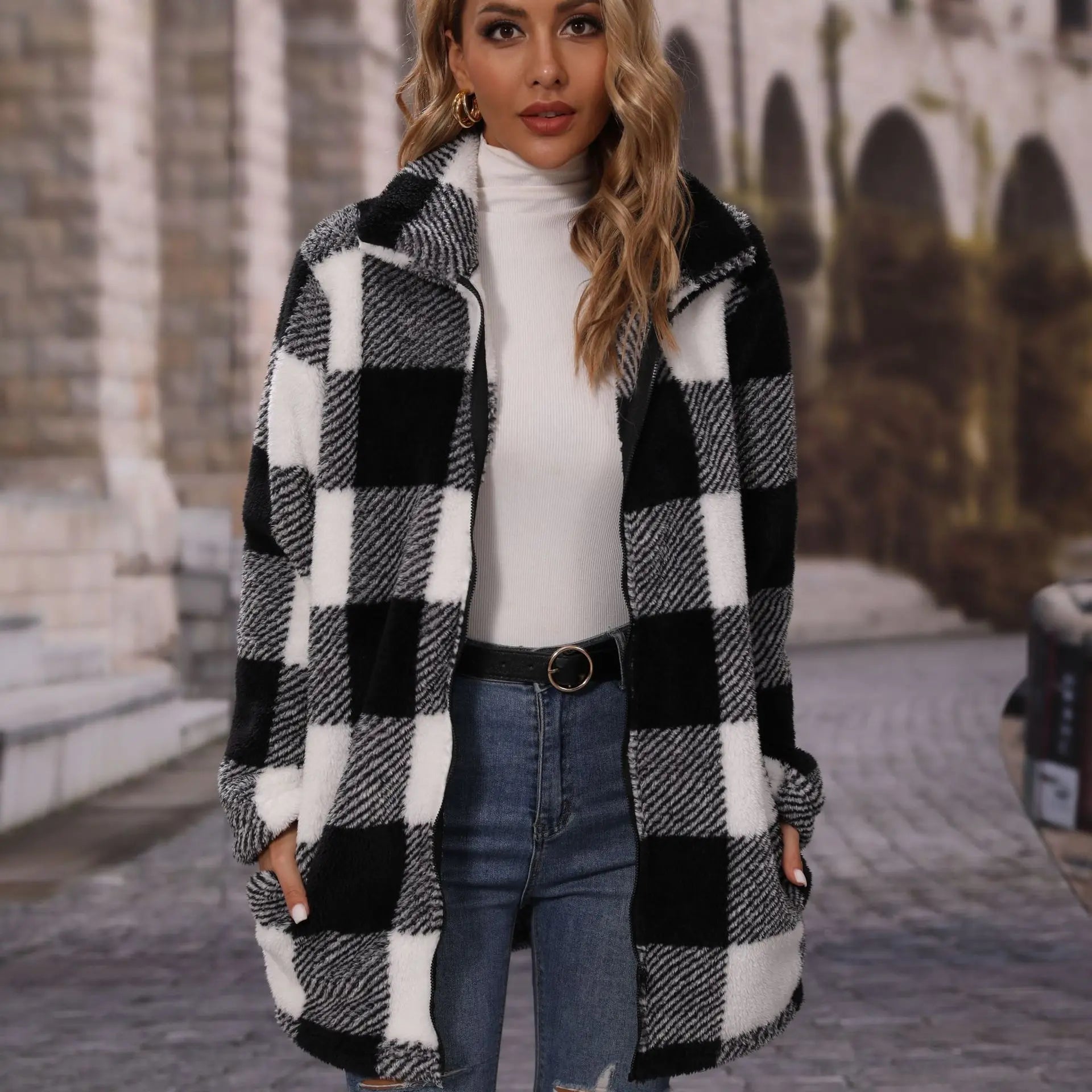 Women's black and white checkered long coat with lapel and zipper