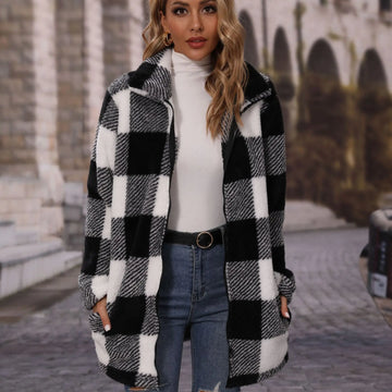 Women's black and white checkered long coat with lapel and zipper