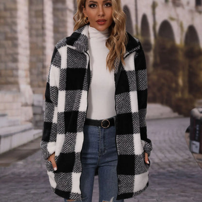 Women's black and white checkered long coat with lapel and zipper