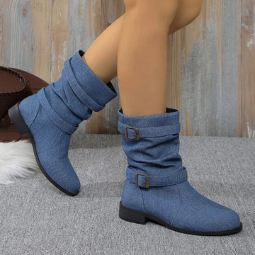 Women's denim buckle ankle boots