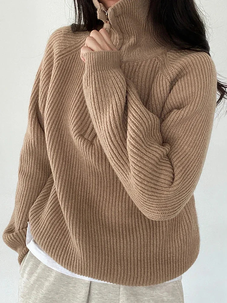 Half-zip ribbed knit sweater for women