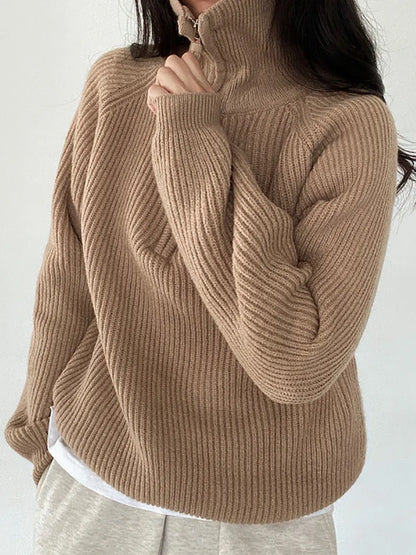 Half-zip ribbed knit sweater for women