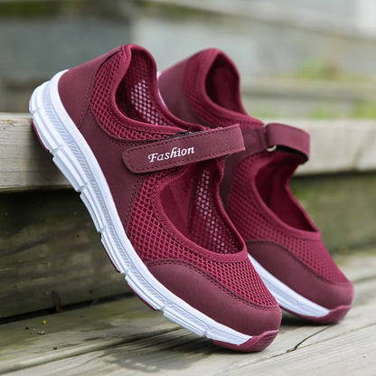Women's Slip-On Flats - Breathable Mesh - Hook-and-Loop Strap - Lightweight Comfort