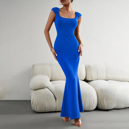 Women’s Maxi Dress – Bodycon Fit – Stretch Fabric – Square Neck – Cap Sleeves – Formal Wear