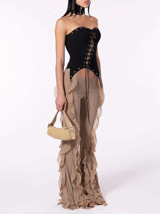 Ruffle Trim Sheer Wide-Leg Pants