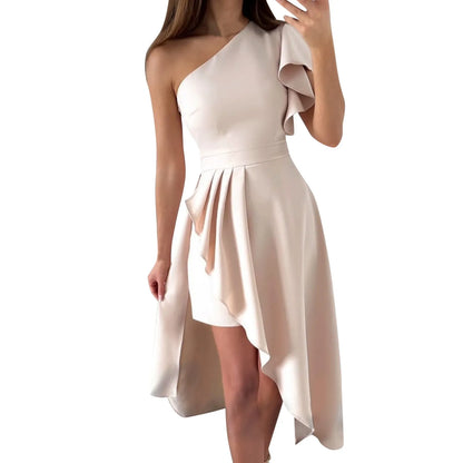 Women’s One-Shoulder Midi Dress – Asymmetrical High-Low Hem – Elegant Formal Wear
