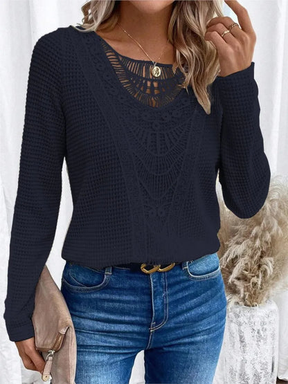 Women's Long-Sleeve Top - Waffle Knit - Lace Applique Detail - Scoop Neck - Relaxed Fit