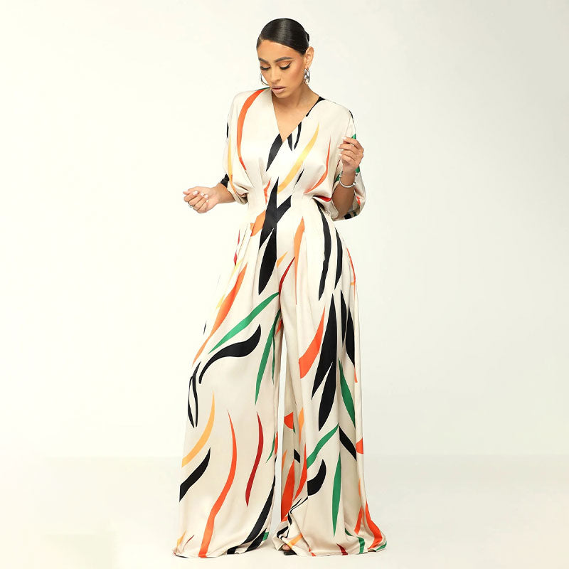 Women's elegant jumpsuit with colorful print pattern