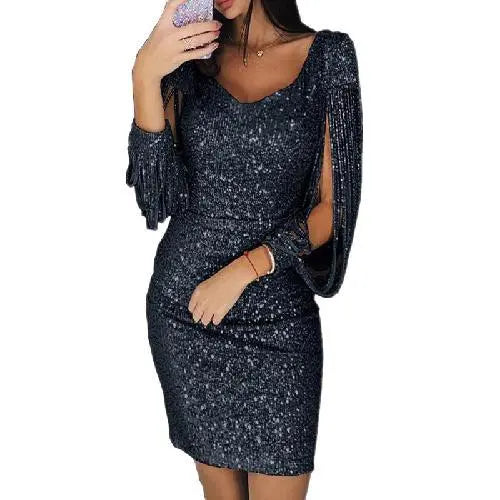 Women's Sequin Mini Dress - Scoop Neck - Draped Open Sleeves - Party Wear