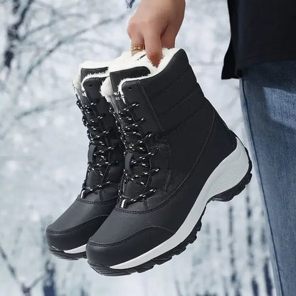 Women’s Snow Boots – Mid Calf – Faux Fur Lined – Lace Up – Platform Sole – Water Resistant