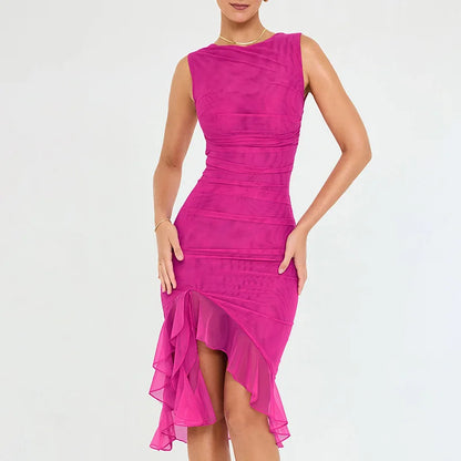 Women's Bodycon Midi Dress - Sleeveless Round Neck - Asymmetrical Ruffle Hem