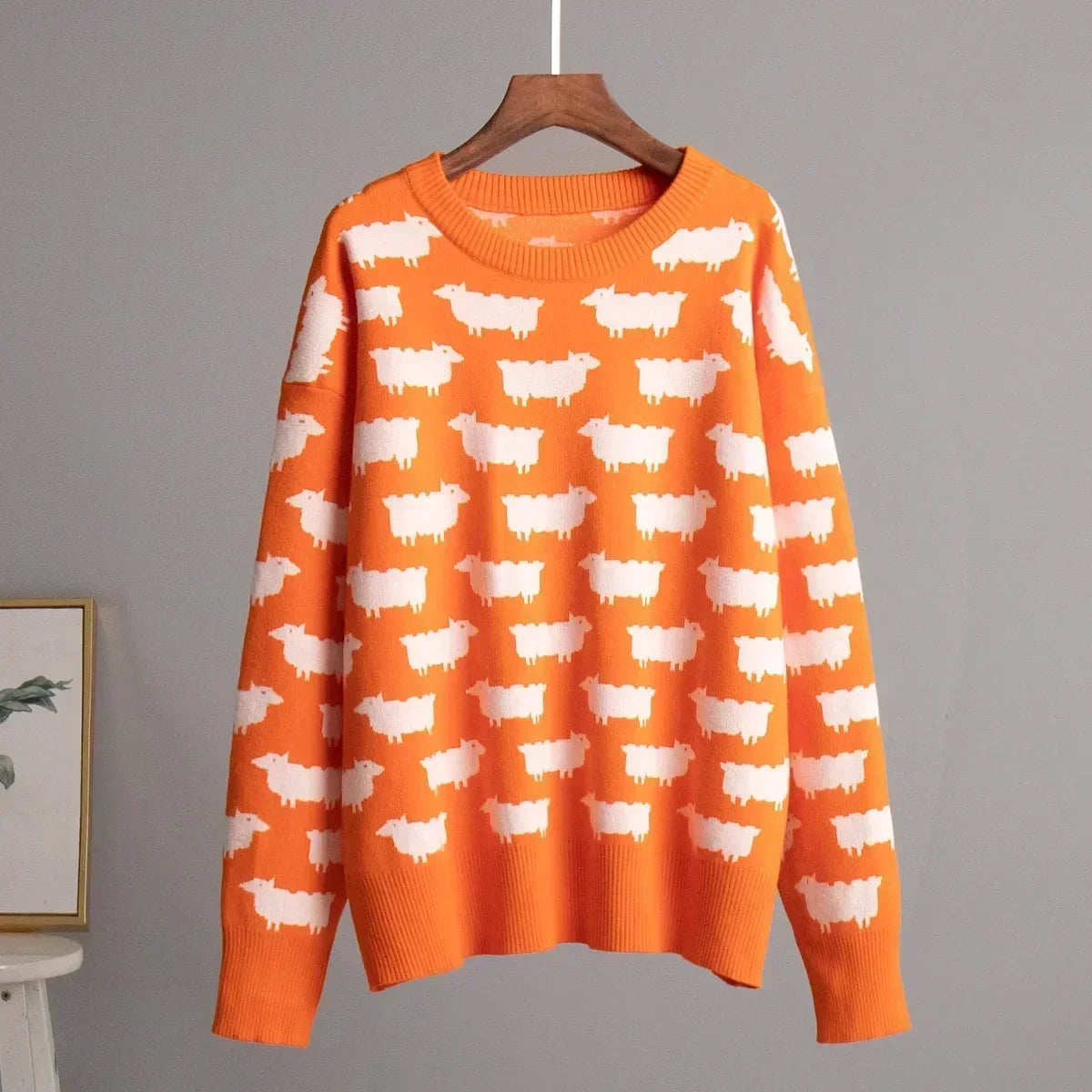 Women's Knit Sweater - Crew Neck - Relaxed Fit - Sheep Pattern Casual Pullover