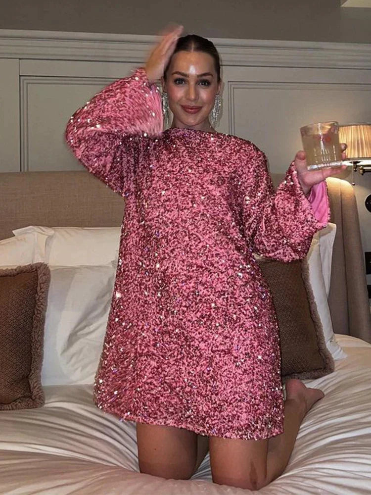 Women's Long-Sleeve Mini Dress - Boucle Textured - Shift Style - Round Neck