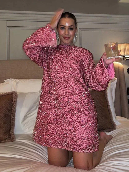 Women's Long-Sleeve Mini Dress - Boucle Textured - Shift Style - Round Neck