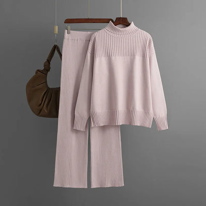 Women's casual knitted high neck loose sweater and pants two-piece set