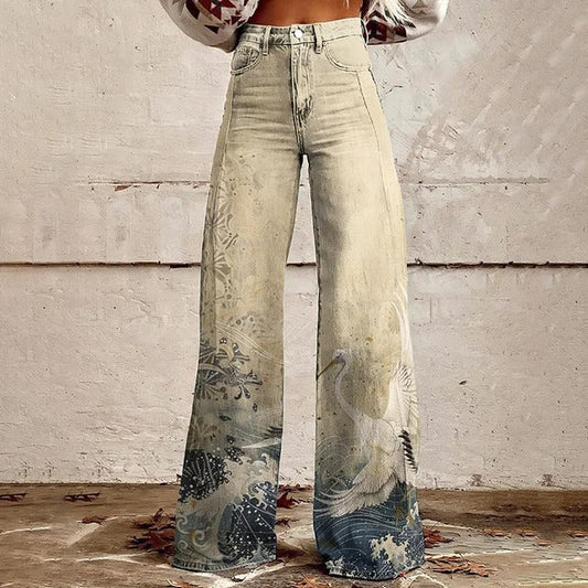 Wave Print Wide-Leg Jeans