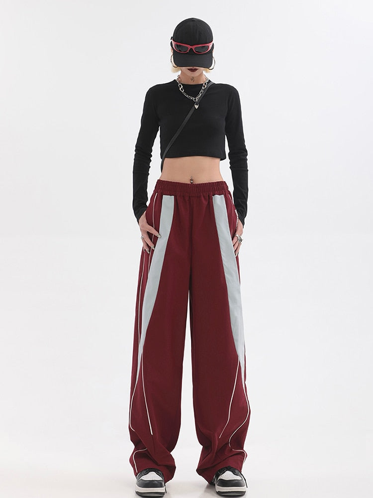 Women's retro street hip-hop red wide-leg pants