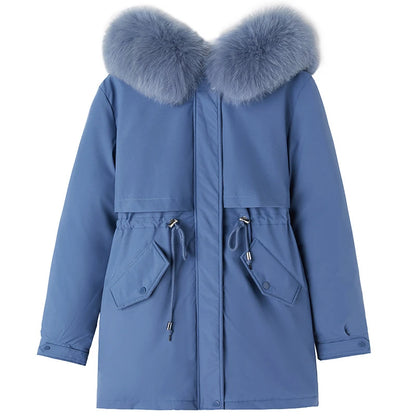 Women's long faux wool-lined parka with fur collar