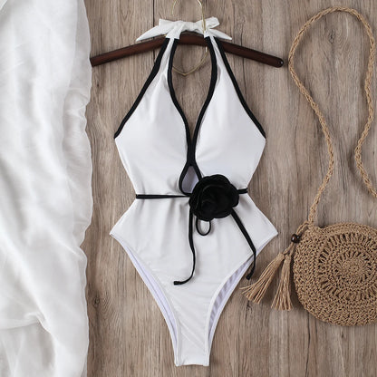 Women's One-Piece Swimsuit - Halter Neck - Keyhole Front - Floral Waist Detail